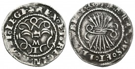 Fernando e Isabel (1474-1504). 1/2 real. Toledo. T. (Cal-494). Ag. 1,69 g. Con T superada de M en anverso. MBC. Est...75,00.