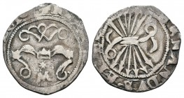 Fernando e Isabel (1474-1504). 1/2 real. ¿Toledo?. (Cal-499). Ag. 1,19 g. Con M y estrella. Posiblemente esta moneda se acuñó en Toledo. Recortada. Mu...