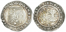 Fernando e Isabel (1474-1504). 1 real. Burgos. (Cal-286). Ag. 3,30 g. Con armiño al final de la leyenda. Atractiva. MBC+. Est...150,00.
