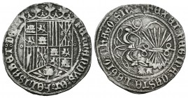 Fernando e Isabel (1474-1504). 1 real. Coruña. A. (Cal-302 variante). Ae. 3,30 g. Escudo entre roeles. Con venera y A en reverso. MBC. Est...450,00.