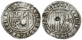Fernando e Isabel (1474-1504). 1 real. Cuenca. (Cal-306). Ag. 3,29 g. Anterior a la pragmática. Escudo entre cuenco y C. Resello indeterminado en anve...
