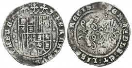 Fernando e Isabel (1474-1504). 1 real. Segovia. (Cal-342 variante). Ag. 3,32 g. Escudo flanqueado por tres puntos a izquierda y dos a derecha. Acueduc...