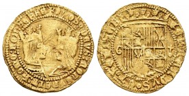 Fernando e Isabel (1474-1504). Excelente. Granada. (Cal-125). (Tauler-66). Anv.: +QVOS:DEVS:CONGVNGIT:hOMO:NON:SEPAR. Bustos enfrentados. Rev.: FERNAN...