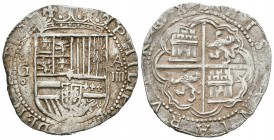 Felipe II (1556-1598). 4 reales. Sin fecha. Granada. A. (Cal-291). Ag. 13,66 g. Leones del reverso grandes. Muy escasa. MBC+. Est...350,00.