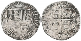 Felipe II (1556-1598). 8 reales. Lima. D. (Cal-146). Ag. 27,12 g. Escudo entre P / 8 y estrella / D. Muy escasa. MBC. Est...600,00.
