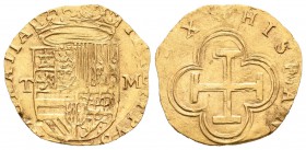 Felipe II (1556-1598). 1 escudo. Toledo. M. (Cal-122). (Tauler-50). Au. 3,34 g.  Escudo entre T-M. Escasa. MBC+/MBC. Est...525,00.