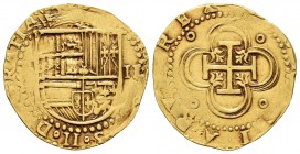 Felipe II (1556-1598). 2 escudos. Sevilla. (Cal-60). (Tauler-31). Au. Con ensayador d cuadrada y numeral del rey. MBC+. Est...600,00.