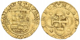 Felipe II (1556-1598). 2 escudos. Sevilla. d cuadrada. (Cal-60). (Tauler-31). Au. 6,67 g. Leyendas completas casi en su totalidad. MBC+. Est...800,00.