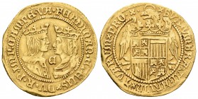 Felipe II (1556-1598). Doble ducado. Sin fecha (hacia 1600). Campen. (Delmonte-1100). (Tauler-530). Anv.: Bustos enfrentados de Reyes Católicos, entre...