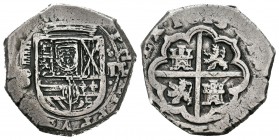 Felipe III (1598-1621). 2 reales. 1613. Segovia. B. (Cal-363 variante). Ag. 6,93 g. Orla interior en anverso. Muy rara. Ex colección Verdejo, lote 136...