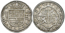 Felipe III (1598-1621). 8 reales. 1617. Segovia. A. (Cal-156). Ag. 26,85 g. Acueducto de cinco arcos de dos pisos. Cinco flores de lis en el antiguo d...