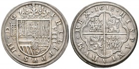 Felipe III (1598-1621). 8 reales. 1618. Segovia. A. (Cal-159). Ag. 27,72 g. Acueducto de cinco arcos de dos pisos. Cinco flores en las armas de Borgoñ...