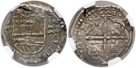 Felipe IV (1621-1665). 2 reales. 1628. Madrid. V. (Cal-843). Ag. 7,11 g. Encapsulada por NGC como AU 58. Fecha completa. Muy rara. Est...600,00.