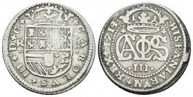 Carlos III, Pretendiente. 2 reales. 1714/3. Barcelona. (Cal-30, sin sobrefecha). Ag. 4,64 g. Muy rara. MBC-. Est...120,00.