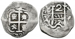 Luis I (1724). 2 reales. 1726. Potosí. Y. (Cal-39). Ag. 5,86 g. Doble fecha. Muy escasa. MBC-. Est...450,00.