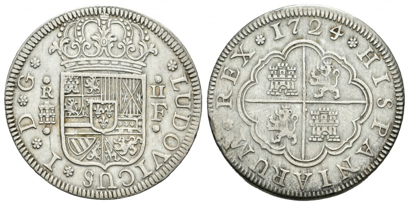 Luis I (1724). 2 reales. 1724. Segovia. F. (Cal-1405). Ag. 5,92 g. Escasa. MBC+....