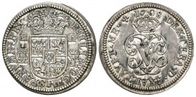 Felipe V (1700-1746). 2 reales. 1708. Segovia. Y. (Cal-1381). Ag. 5,57 g. Palma izquierda sobre la derecha. Muy escasa en esta conservación. EBC+. Est...