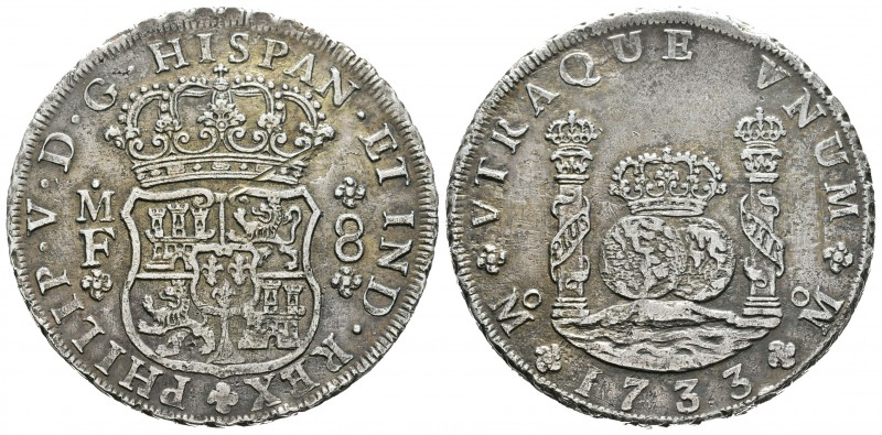 Felipe V (1700-1746). 8 reales. 1733. México. MF. (Cal-776). Ag. 26,32 g. Rayita...