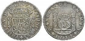 Felipe V (1700-1746). 8 reales. 1733. México. MF. (Cal-776). Ag. 26,32 g. Rayita en anverso y mínimas oxidaciones. Muy rara. EBC-. Est...2000,00.