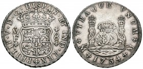 Felipe V (1700-1746). 8 reales. 1734. México. MF. (Cal-778). Ag. 26,91 g. Escasa. MBC+. Est...300,00.