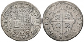 Felipe V (1700-1746). 8 REALES. 1718. Sevilla. m. (Cal-936). Ag. 22,69 g. Armas de Borgoña moderna con tres flores de lis. MBC+. Est...300,00.