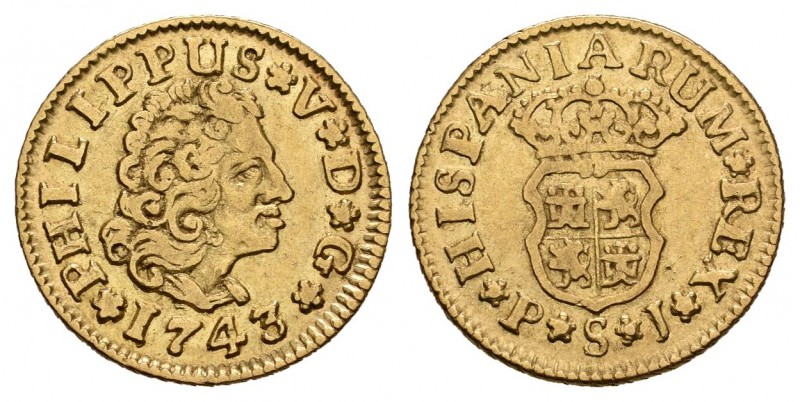 Felipe V (1700-1746). 1/2 escudo. 1743. Sevilla. PJ. (Cal-584). Au. 1,76 g. MBC....