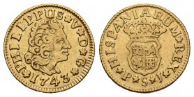 Felipe V (1700-1746). 1/2 escudo. 1743. Sevilla. PJ. (Cal-584). Au. 1,76 g. MBC. Est...120,00.