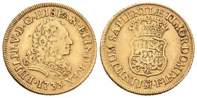 Felipe V (1700-1746). 2 escudos. 1733. Madrid. JF. (Cal-335). Au. 6,70 g. Ensayadores grandes. MBC-. Est...450,00.