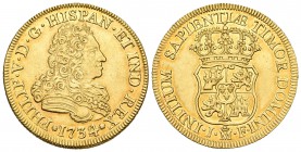Felipe V (1700-1746). 4 escudos. 1734/2. Madrid. JF. (Cal-225). Au. 13,52 g. Sobrefecha muy clara. Brillo original. Muy rara. EBC. Est...3000,00.