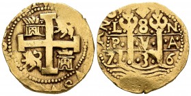 Felipe V (1700-1746). 8 escudos. 1736. Lima. N. (Cal-52). (Cal onza-313). (Tauler-313). Anv.: ...HISPANI. Au. 26,94 g. Doble fecha, la de la leyenda 3...