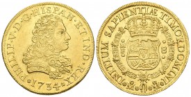Felipe V (1700-1746). 8 escudos. 1734. México. MF. (Cal-125). (Cal onza-426). Au. 27,06 g. Restos de brillo original. Muy rara, aún más en esta conser...