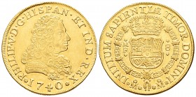 Felipe V (1700-1746). 8 escudos. 1740. México. MF. (Cal-134). (Cal onza-436). Au. 26,82 g. Golpecito en el canto. MBC+/EBC-. Est...3500,00.