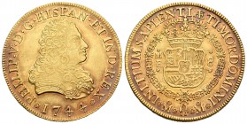 Felipe V (1700-1746). 8 escudos. 1744. México. MF. (Cal-140). (Cal onza-442). Au. 27,00 g. Bonito color. Atractiva. Rara, aún más en esta conservación...