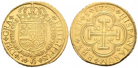 Felipe V (1700-1746). 8 escudos. 1728. Sevilla. P. (Cal-192). (Cal onza-524). Au. 27,01 g. Ligero fallo en canto. Muy rara. MBC+/EBC-. Est...3500,00.