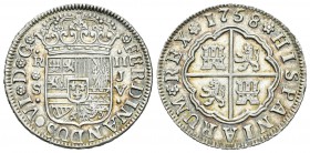 Fernando VI (1746-1759). 2 reales. 1758. Sevilla. JV. (Cal-524). Ag. 5,74 g. Brillo original. Escasa en esta conservación. EBC+. Est...160,00.