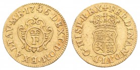 Fernando VI (1746-1759). Proclamación. Módulo 1/2 escudo. 1746. Madrid. (Cal-238). Au. 1,76 g. Muy rara. MBC. Est...500,00.