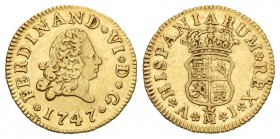 Fernando VI (1746-1759). 1/2 escudo. 1747. Madrid. AJ. (Cal-240). Au. 1,78 g. Muy rara. MBC. Est...500,00.