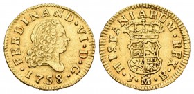 Fernando VI (1746-1759). 1/2 escudo. 1758. Madrid. JB. (Cal-256). Au. 1,77 g. EBC-. Est...160,00.