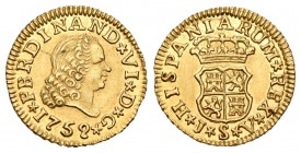 Fernando VI (1746-1759). 1/2 escudo. 1759. Sevilla. JV. (Cal-276). Au. 1,81 g. Restos de brillo original. Rayita en anverso. EBC+. Est...200,00.