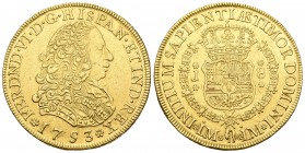 Fernando VI (1746-1759). 8 escudos. 1753. Lima. J. (Cal-20). (Cal onza-579). Au. 26,96 g. Ligeramente limpiada. Rara. EBC-. Est...2000,00.