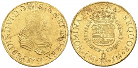 Fernando VI (1746-1759). 8 escudos. 1756. Lima. JM. (Cal-23). (Cal onza-583). Au. 26,92 g. Pequeñas marcas en anverso. Restos de brillo original. Rara...