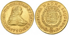 Fernando VI (1746-1759). 8 escudos. 1750. México. MF. (Cal-37). (Cal onza-600). Au. 27,01 g. Leves marquitas. Bellísima. Muy rara. Las recientes inves...