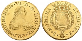 Fernando VI (1746-1759). 8 escudos. 1751. Santiago. J. (Cal-72). (Cal onza-644). Au. 27,04 g. Ligera falta de presión. Atractiva. Brillo original. Rar...