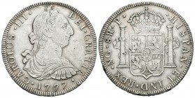 Carlos III (1759-1788). 8 reales. 1777. Guatemala. P. (Cal-825). Ag. 26,73 g. Golpecitos en el canto. Muy escasa. MBC+/MBC. Est...220,00.
