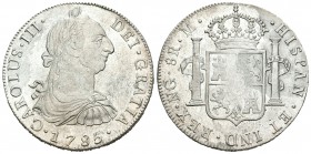 Carlos III (1759-1788). 8 reales. 1785. Guatemala. (Cal-832). Ag. 26,89 g. Oxidaciones superficiales en parte. Brillo original. Atractiva. Rarísima. E...