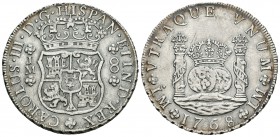 Carlos III (1759-1788). 8 reales. 1768. Lima. JM. (Cal-844). Ag. 26,76 g. Punto sobre la primera LMA. Parte del canto liso. MBC+. Est...200,00.