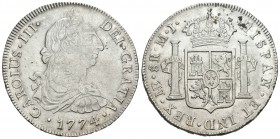 Carlos III (1759-1788). 8 reales. 1774. Lima. MJ. (Cal-855). Ag. 26,77 g. Buen ejemplar. MBC+/EBC-. Est...160,00.