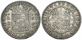 Carlos III (1759-1788). 8 reales. 1762. Madrid. JP. (Cal-875). Ag. 26,82 g. Rara. MBC+. Est...500,00.