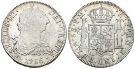 Carlos III (1759-1788). 8 reales. 1786. México. FM. (Cal). Ag. 26,78 g. Restos de brillo original. EBC-/EBC. Est...160,00.
