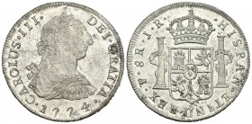 Carlos III (1759-1788). 8 reales. 1774. Potosí. JR. (Cal-974). Ag. 27,02 g. Parte de brillo original. Rayitas. EBC+. Est...1000,00.